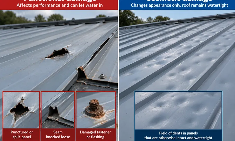 Side-by-side comparison photo of functional and cosmetic damages to roof.