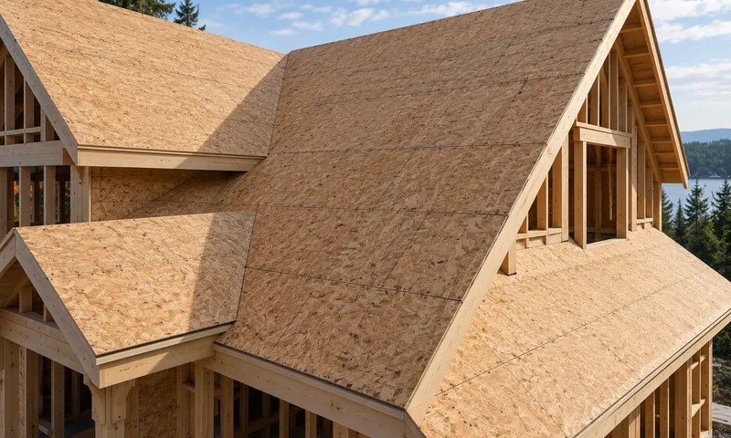 Roof decking of a house under construction.