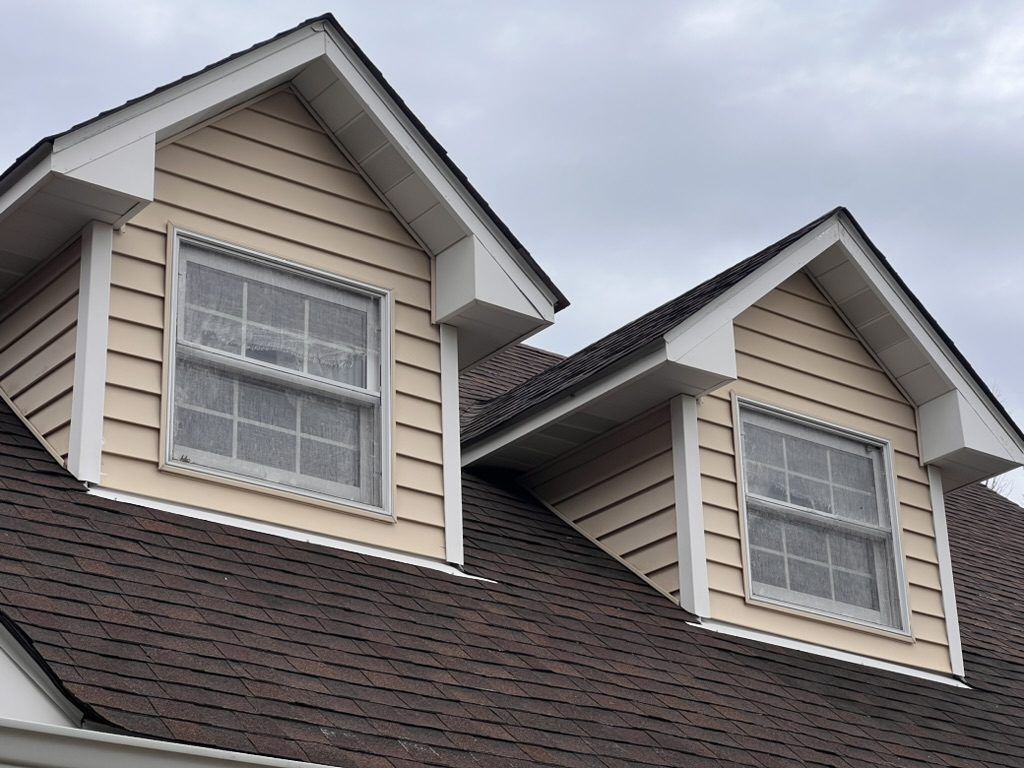 Close-up of a finished shingle roof and dormers by Emmendorfer Exteriors in Franklin County, Missouri