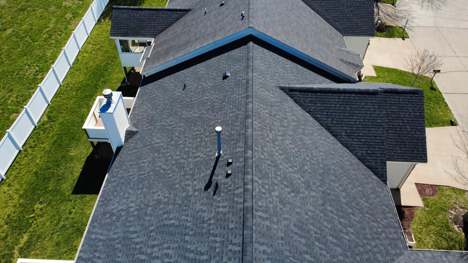 Completed new shingle roof by Emmendorfer Exteriors in Franklin County, MO, drone view